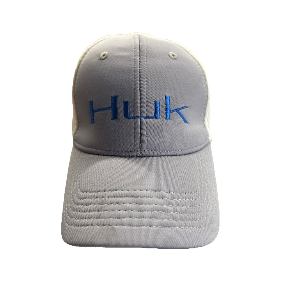 HUK‎ Fishing Hat Trucker Mesh One Size Stretch Med LG Gray Blue White